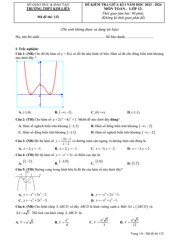 Đề giữa kì 1 Toán 12 năm 2023 – 2024 trường THPT Kim Liên – Nghệ An