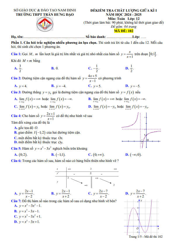 Đề giữa kì 1 Toán 12 năm 2024 – 2025 trường THPT Trần Hưng Đạo – Nam Định