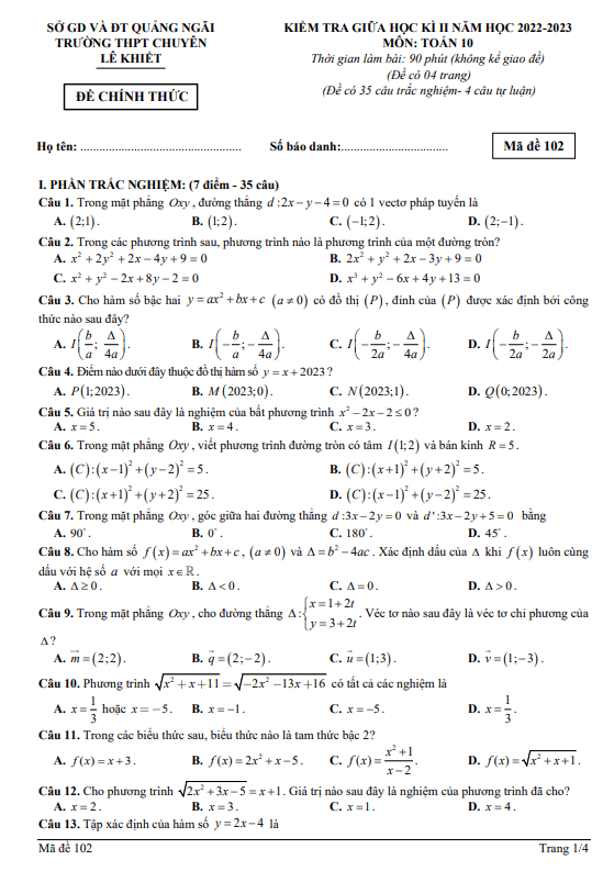 Đề giữa kì 2 Toán 10 năm 2022 – 2023 trường chuyên Lê Khiết – Quảng Ngãi