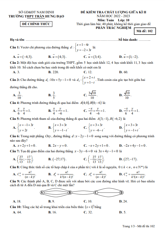 Đề giữa kì 2 Toán 10 năm 2022 – 2023 trường THPT Trần Hưng Đạo – Nam Định