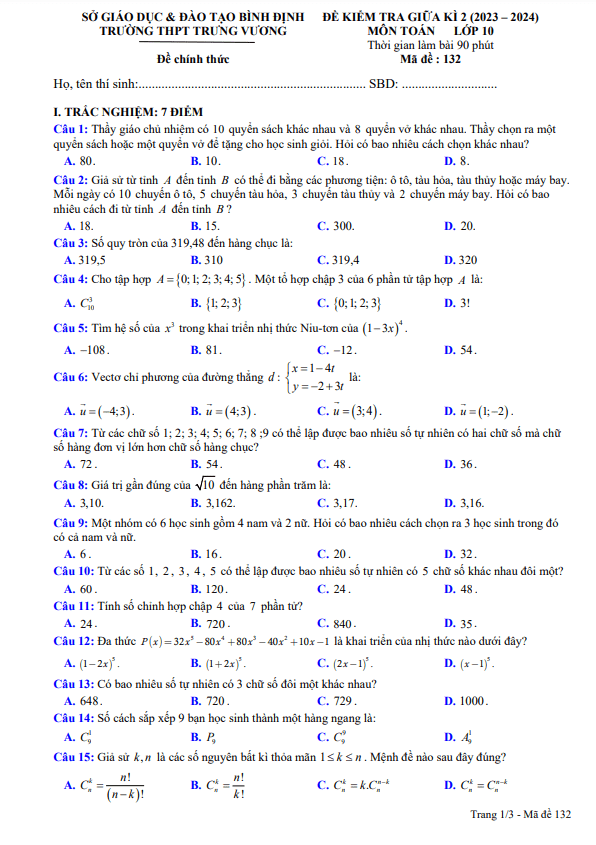 Đề giữa kì 2 Toán 10 năm 2023 – 2024 trường THPT Trưng Vương – Bình Định