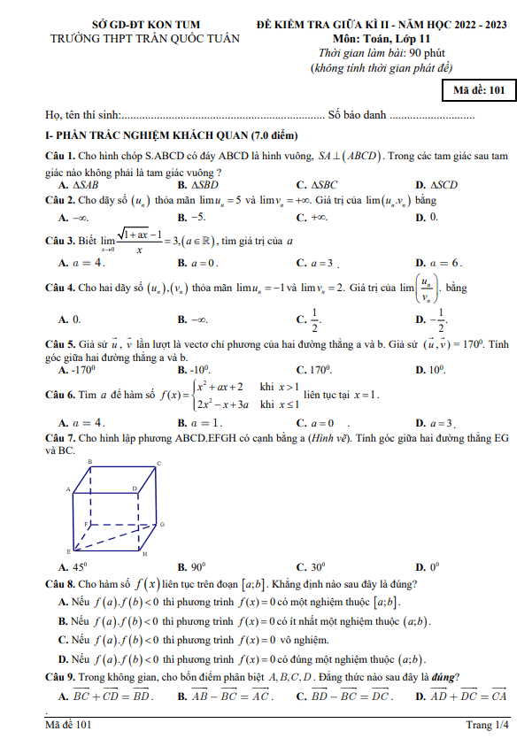 Đề giữa kì 2 Toán 11 năm 2022 – 2023 trường THPT Trần Quốc Tuấn – Kon Tum