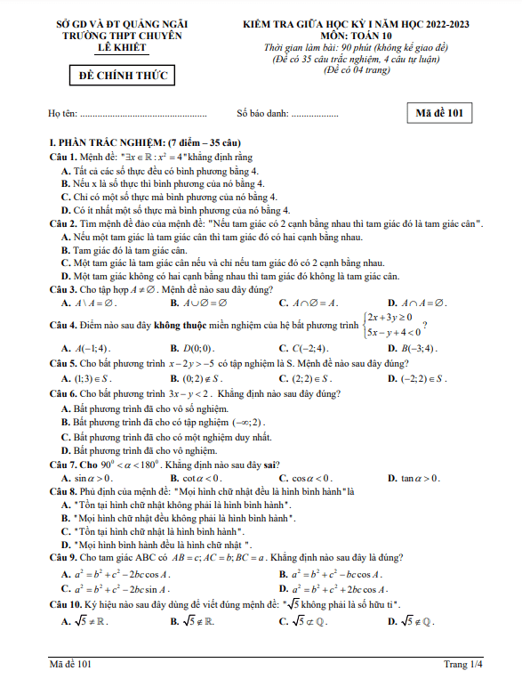 Đề giữa kỳ 1 Toán 10 năm 2022 – 2023 trường chuyên Lê Khiết – Quảng Ngãi
