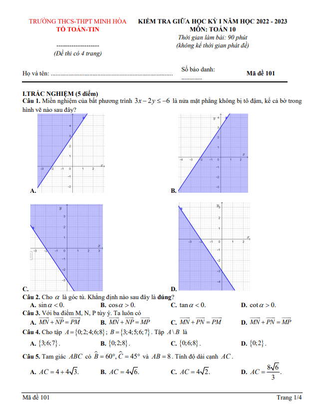Đề giữa kỳ 1 Toán 10 năm 2022 – 2023 trường THCS & THPT Minh Hòa – Bình Dương