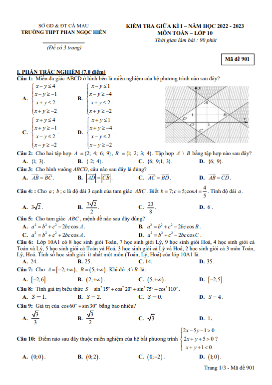 Đề giữa kỳ 1 Toán 10 năm 2022 – 2023 trường THPT Phan Ngọc Hiển – Cà Mau