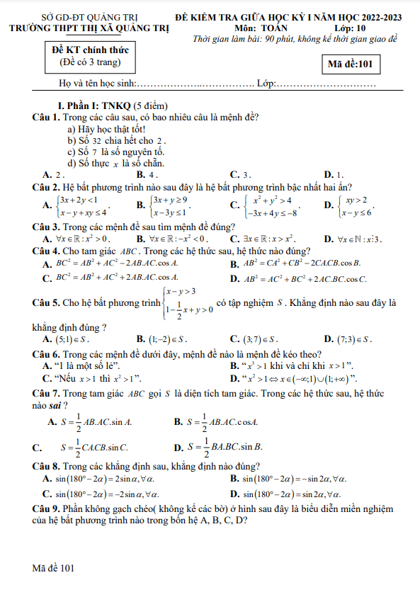 Đề giữa kỳ 1 Toán 10 năm 2022 – 2023 trường THPT Thị xã Quảng Trị