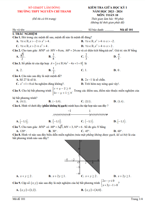 Đề giữa kỳ 1 Toán 10 năm 2023 – 2024 trường THPT Nguyễn Chí Thanh – Lâm Đồng