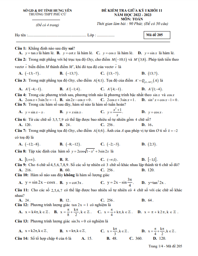 Đề giữa kỳ 1 Toán 11 năm 2022 – 2023 trường THPT Phù Cừ – Hưng Yên