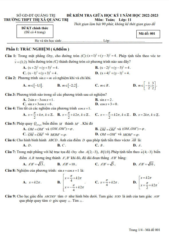 Đề giữa kỳ 1 Toán 11 năm 2022 – 2023 trường THPT Thị xã Quảng Trị