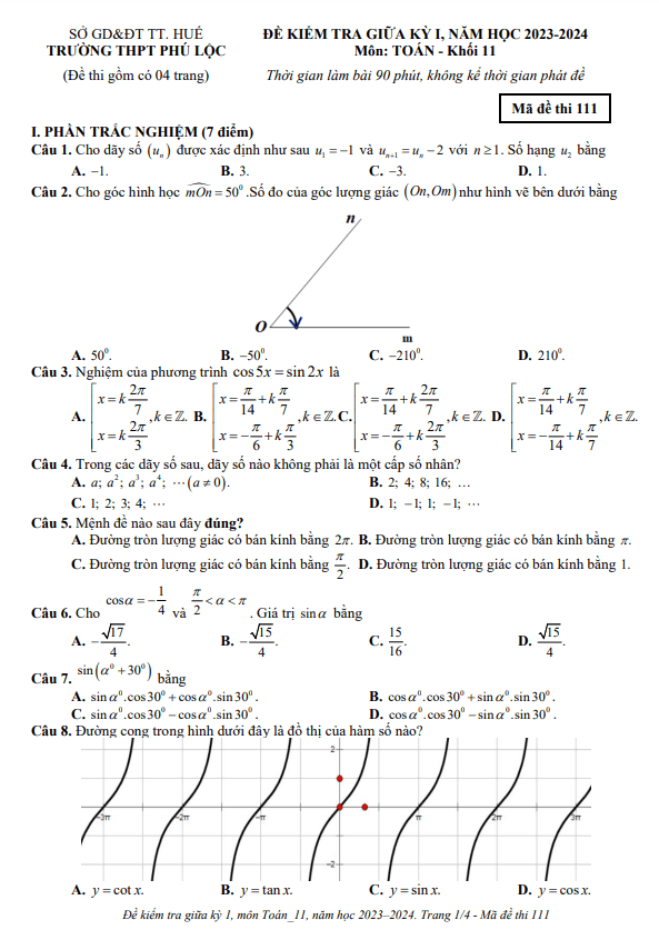 Đề giữa kỳ 1 Toán 11 năm 2023 – 2024 trường THPT Phú Lộc – TT Huế