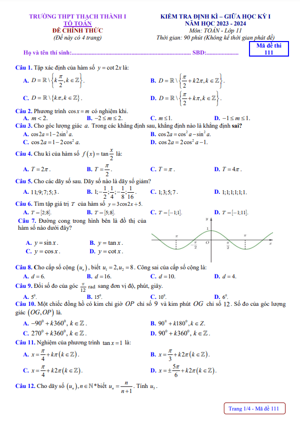 Đề giữa kỳ 1 Toán 11 năm 2023 – 2024 trường THPT Thạch Thành 1 – Thanh Hóa