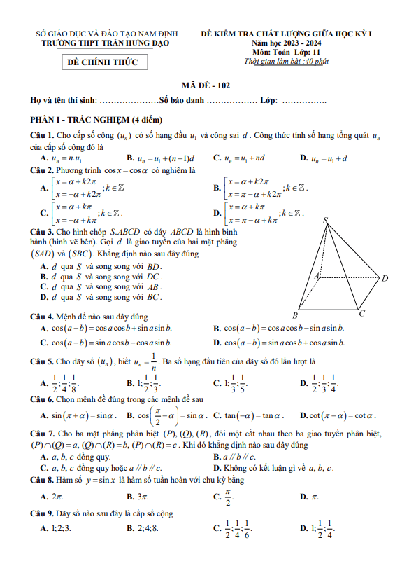 Đề giữa kỳ 1 Toán 11 năm 2023 – 2024 trường THPT Trần Hưng Đạo – Nam Định