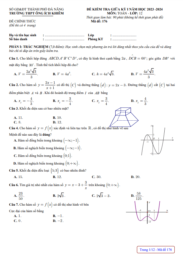 Đề giữa kỳ 1 Toán 12 năm 2023 – 2024 trường THPT Ông Ích Khiêm – Đà Nẵng