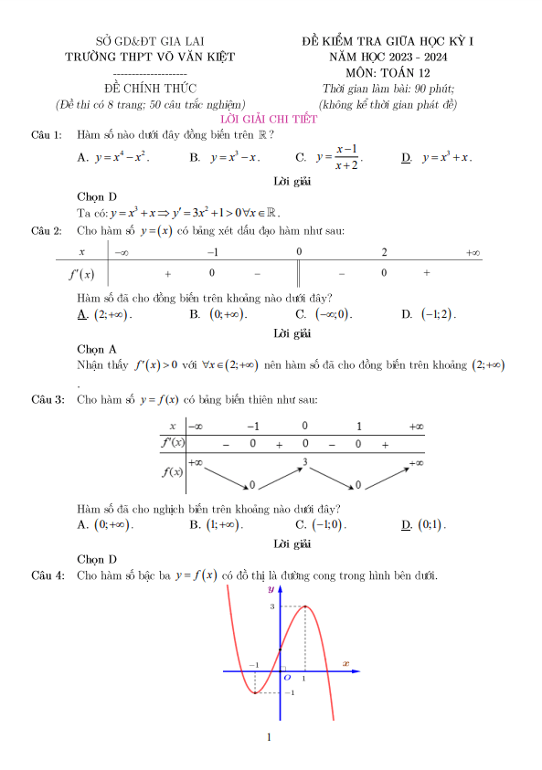 Đề giữa kỳ 1 Toán 12 năm 2023 – 2024 trường THPT Võ Văn Kiệt – Gia Lai
