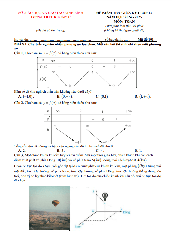 Đề giữa kỳ 1 Toán 12 năm 2024 – 2025 trường THPT Kim Sơn C – Ninh Bình