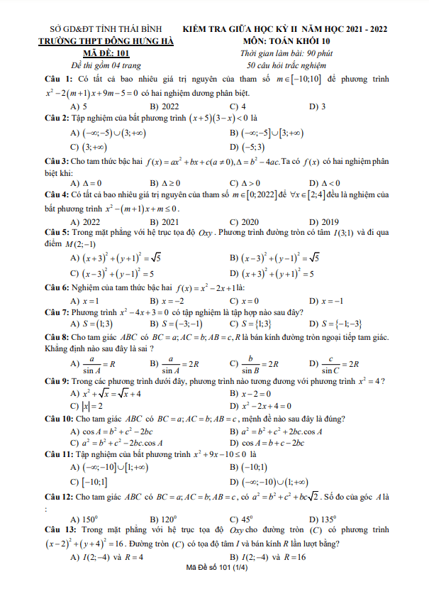 Đề giữa kỳ 2 Toán 10 năm 2021 – 2022 trường THPT Đông Hưng Hà – Thái Bình
