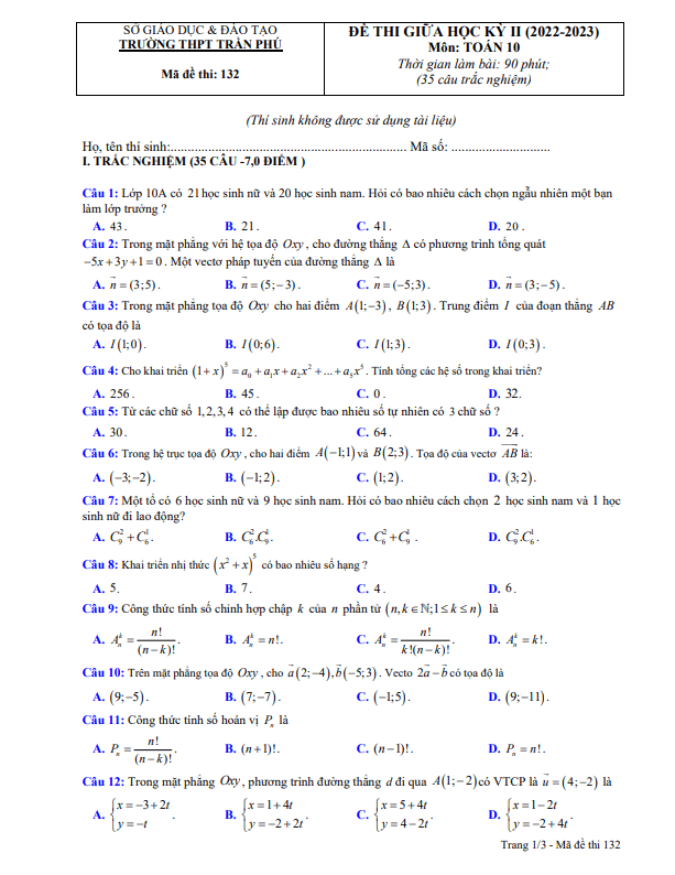 Đề giữa kỳ 2 Toán 10 năm 2022 – 2023 trường THPT Trần Phú – Phú Yên