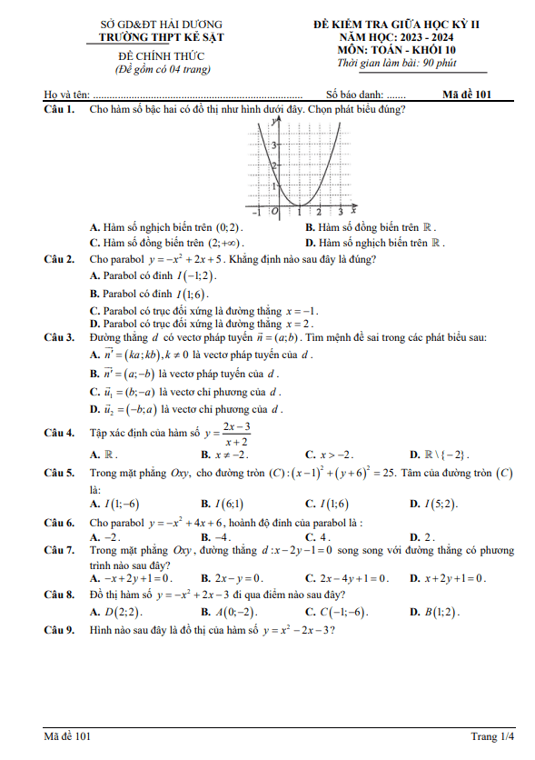 Đề giữa kỳ 2 Toán 10 năm 2023 – 2024 trường THPT Kẻ Sặt – Hải Dương