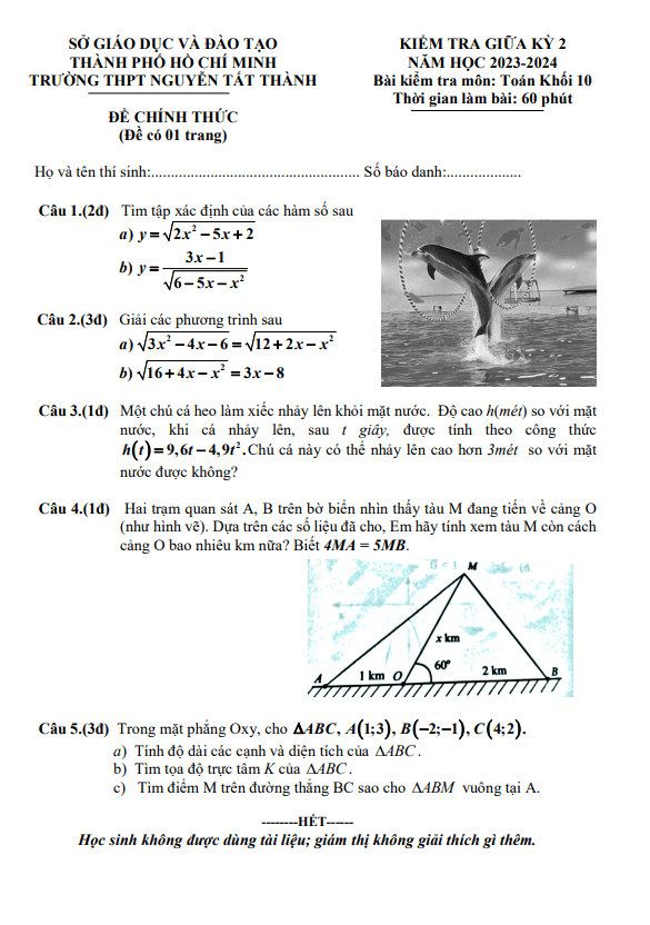 Đề giữa kỳ 2 Toán 10 năm 2023 – 2024 trường THPT Nguyễn Tất Thành – TP HCM