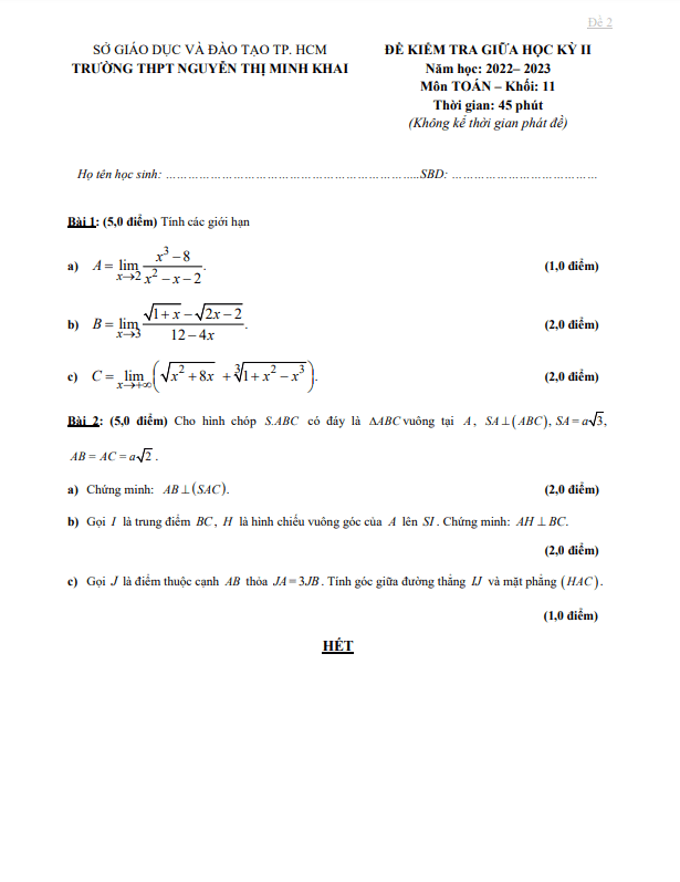 Đề giữa kỳ 2 Toán 11 năm 2022 – 2023 trường THPT Nguyễn Thị Minh Khai – TP HCM