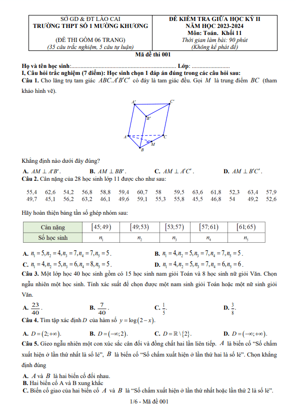 Đề giữa kỳ 2 Toán 11 năm 2023 – 2024 trường THPT số 1 Mường Khương – Lào Cai