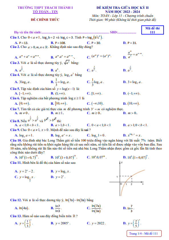 Đề giữa kỳ 2 Toán 11 năm 2023 – 2024 trường THPT Thạch Thành 1 – Thanh Hóa