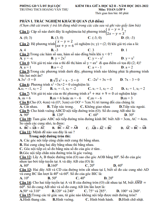 Đề giữa kỳ 2 Toán 9 năm 2021 – 2022 trường THCS Hoàng Văn Thụ – Quảng Nam