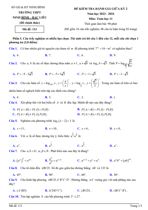 Đề GK2 Toán 11 năm 2023 – 2024 trường THPT Ninh Bình – Bạc Liêu – Ninh Bình