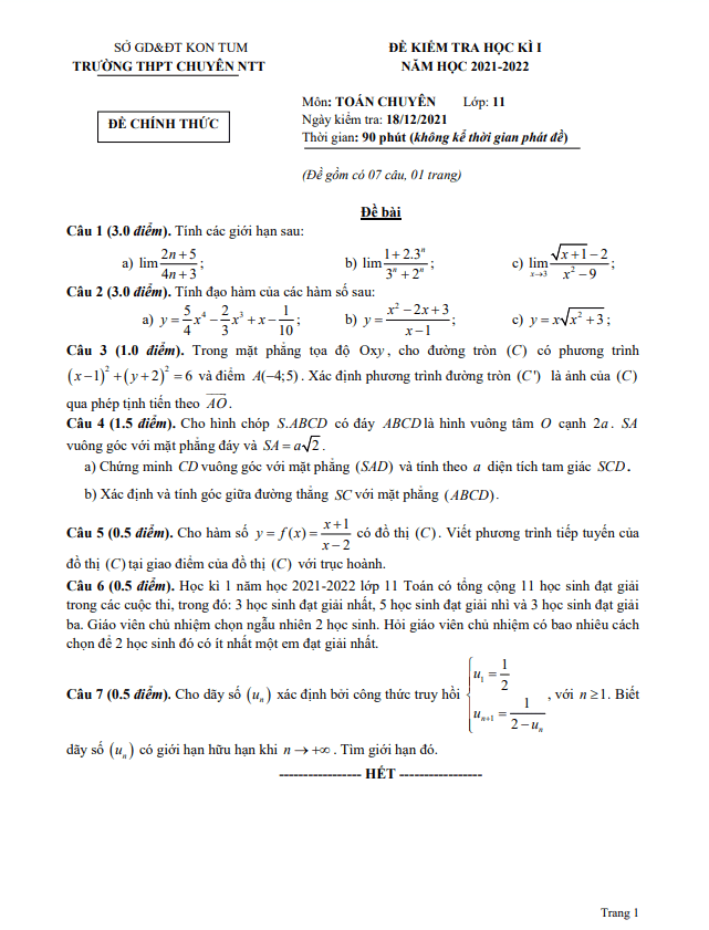 Đề HK1 Toán 11 (chuyên) năm 2021 – 2022 trường chuyên Nguyễn Tất Thành – Kon Tum