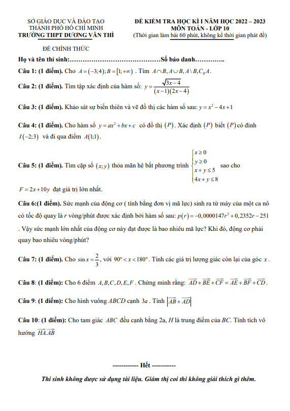 Đề học kì 1 Toán 10 năm 2022 – 2023 trường THPT Dương Văn Thì – TP HCM