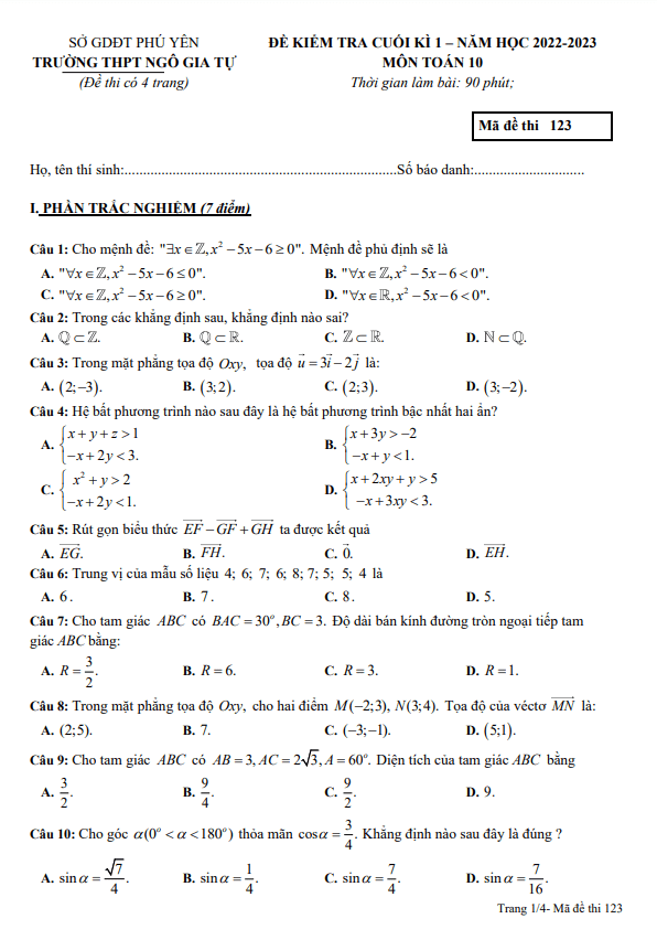 Đề học kì 1 Toán 10 năm 2022 – 2023 trường THPT Ngô Gia Tự – Phú Yên