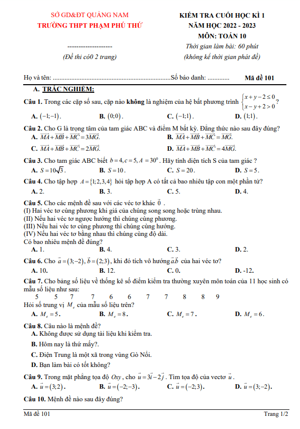 Đề học kì 1 Toán 10 năm 2022 – 2023 trường THPT Phạm Phú Thứ – Quảng Nam