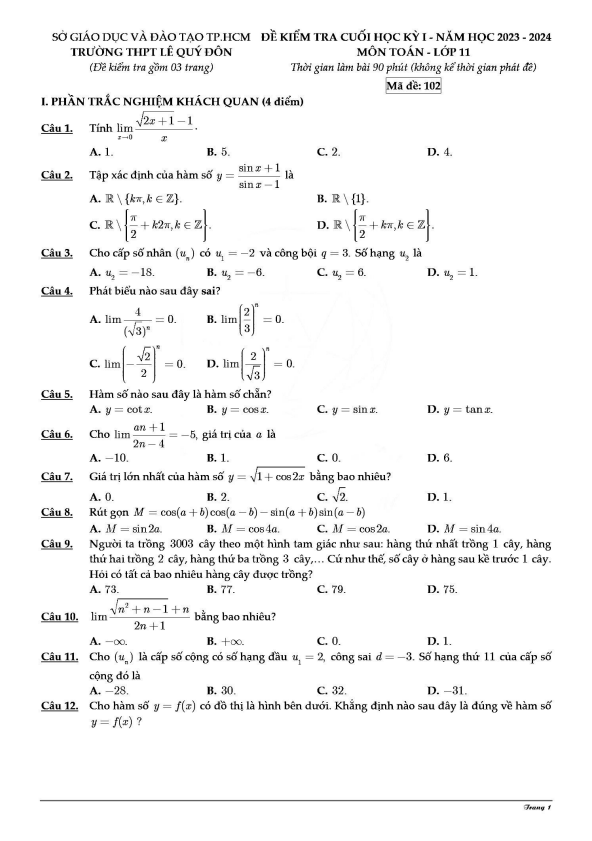 Đề học kì 1 Toán 11 năm 2023 – 2024 trường THPT Lê Quý Đôn – TP HCM