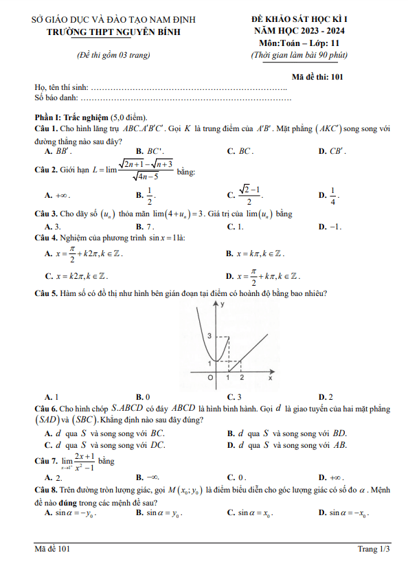 Đề học kì 1 Toán 11 năm 2023 – 2024 trường THPT Nguyễn Bính – Nam Định