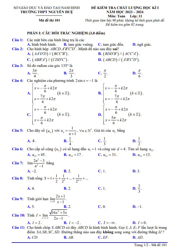 Đề học kì 1 Toán 11 năm 2023 – 2024 trường THPT Nguyễn Huệ – Nam Định
