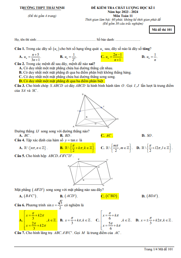 Đề học kì 1 Toán 11 năm 2023 – 2024 trường THPT Thái Ninh – Thái Bình