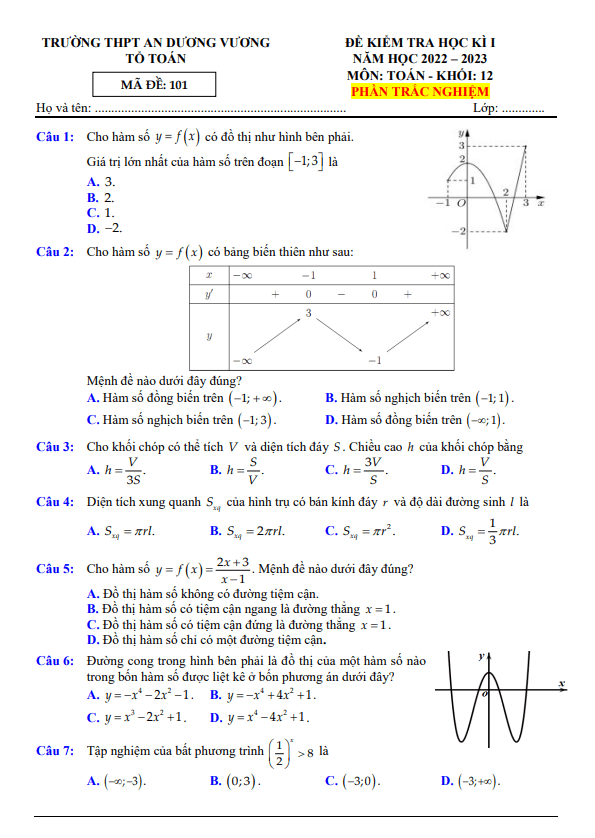 Đề học kì 1 Toán 12 năm 2022 – 2023 trường THPT An Dương Vương – TP HCM