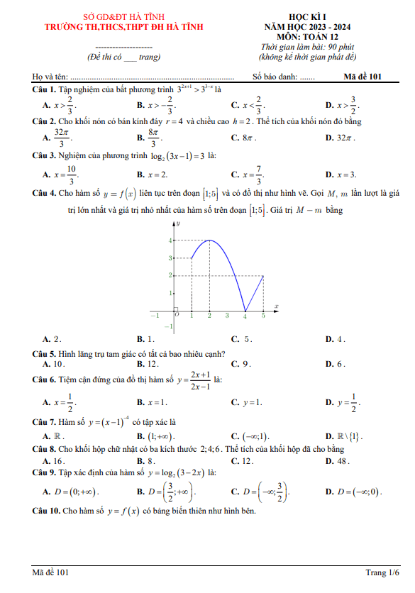 Đề học kì 1 Toán 12 năm 2023 – 2024 trường TH – THCS – THPT Đại học Hà Tĩnh