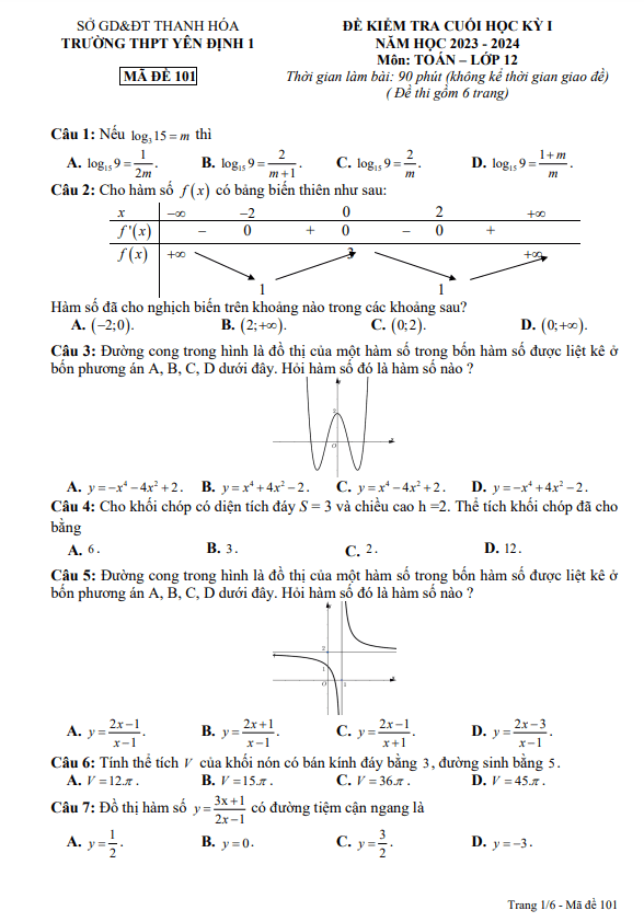 Đề học kì 1 Toán 12 năm 2023 – 2024 trường THPT Yên Định 1 – Thanh Hóa