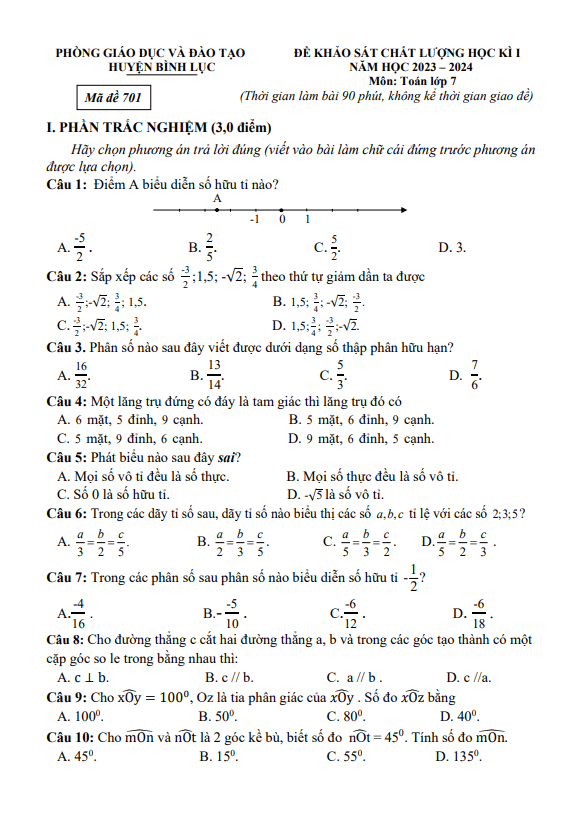 Đề học kì 1 Toán 7 năm 2023 – 2024 phòng GD&ĐT Bình Lục – Hà Nam