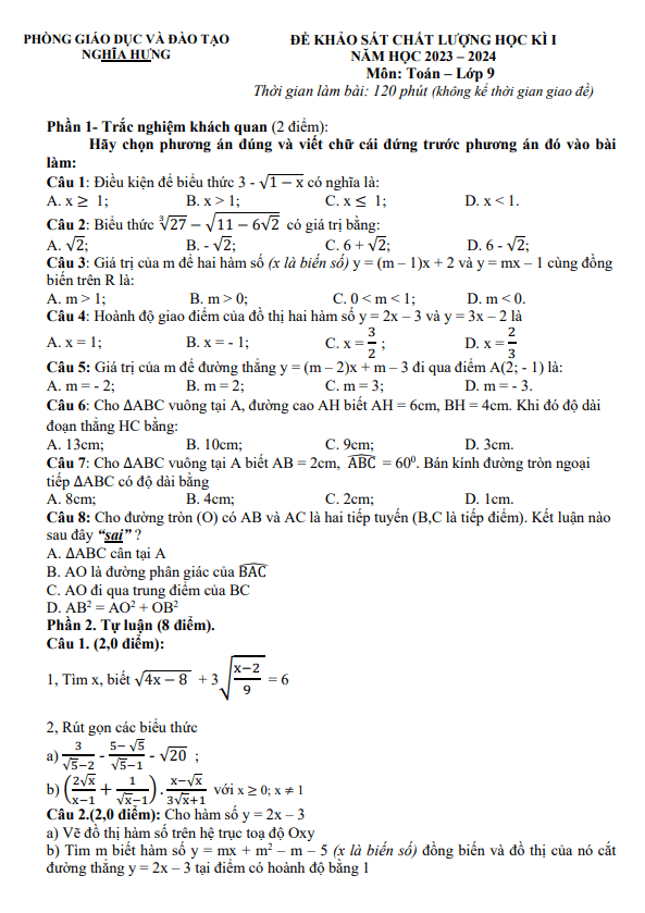 Đề học kì 1 Toán 9 năm 2023 – 2024 phòng GD&ĐT Nghĩa Hưng – Nam Định
