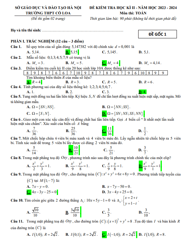 Đề học kì 2 Toán 10 năm 2023 – 2024 trường THPT Cổ Loa – Hà Nội