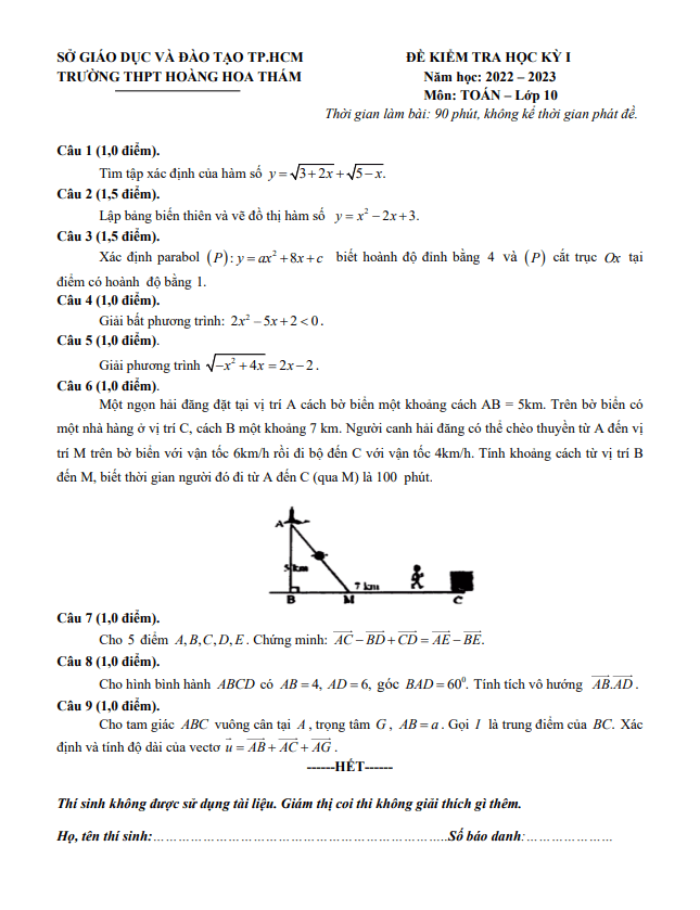 Đề học kỳ 1 Toán 10 năm 2022 – 2023 trường THPT Hoàng Hoa Thám – TP HCM
