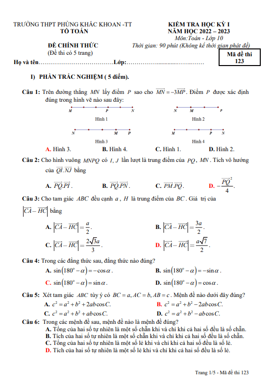 Đề học kỳ 1 Toán 10 năm 2022 – 2023 trường THPT Phùng Khắc Khoan – Hà Nội