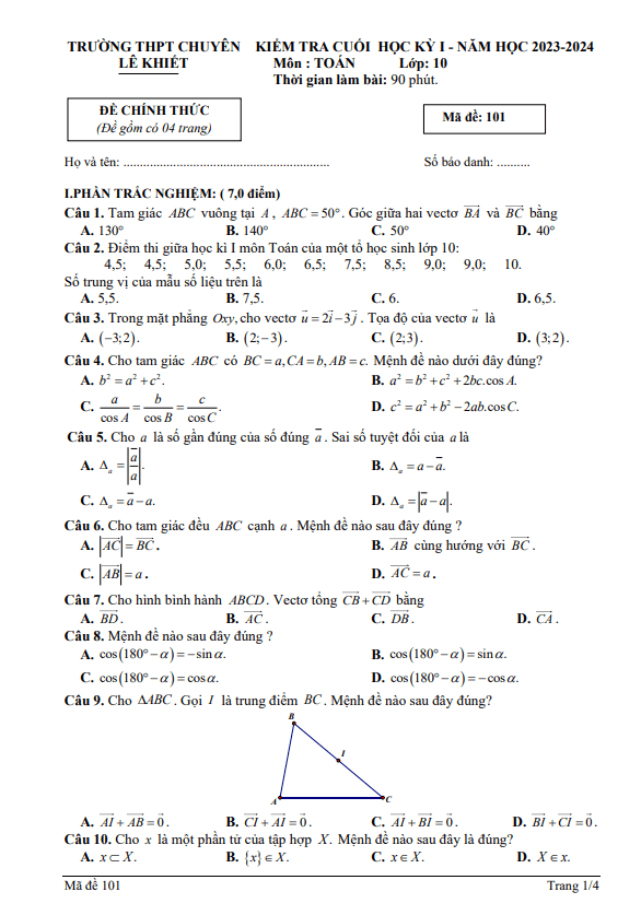 Đề học kỳ 1 Toán 10 năm 2023 – 2024 trường chuyên Lê Khiết – Quảng Ngãi