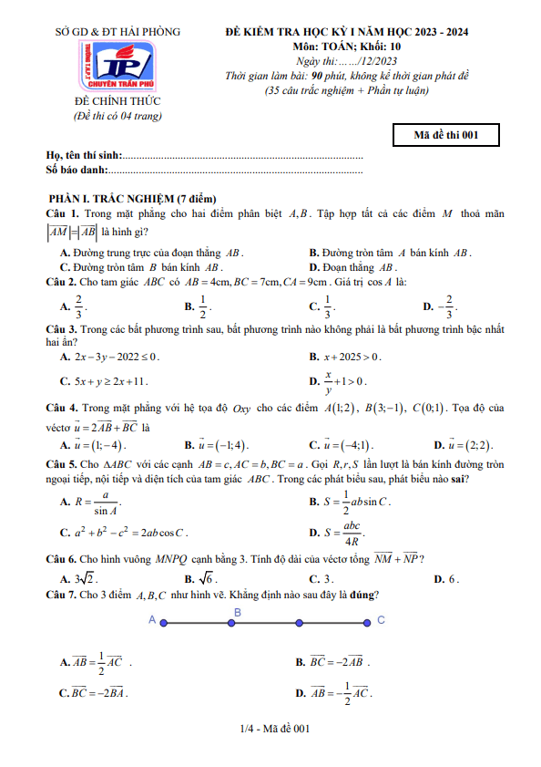 Đề học kỳ 1 Toán 10 năm 2023 – 2024 trường chuyên Trần Phú – Hải Phòng