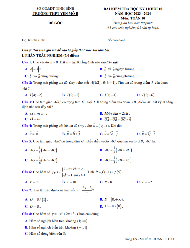 Đề học kỳ 1 Toán 10 năm 2023 – 2024 trường THPT Yên Mô B – Ninh Bình
