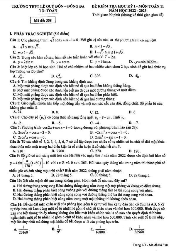 Đề học kỳ 1 Toán 11 năm 2022 – 2023 trường THPT Lê Quý Đôn – Hà Nội