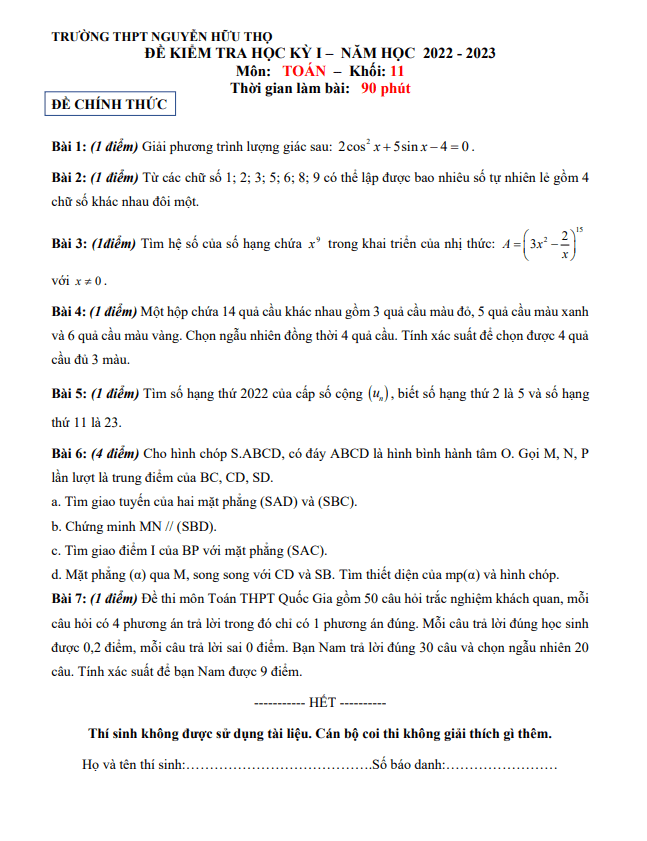 Đề học kỳ 1 Toán 11 năm 2022 – 2023 trường THPT Nguyễn Hữu Thọ – TP HCM
