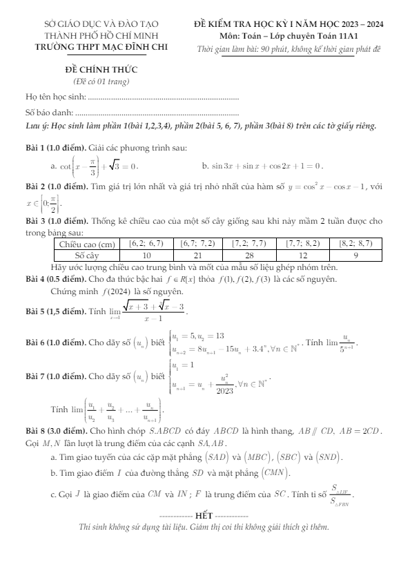 Đề học kỳ 1 Toán 11 năm 2023 – 2024 trường THPT Mạc Đĩnh Chi – TP HCM